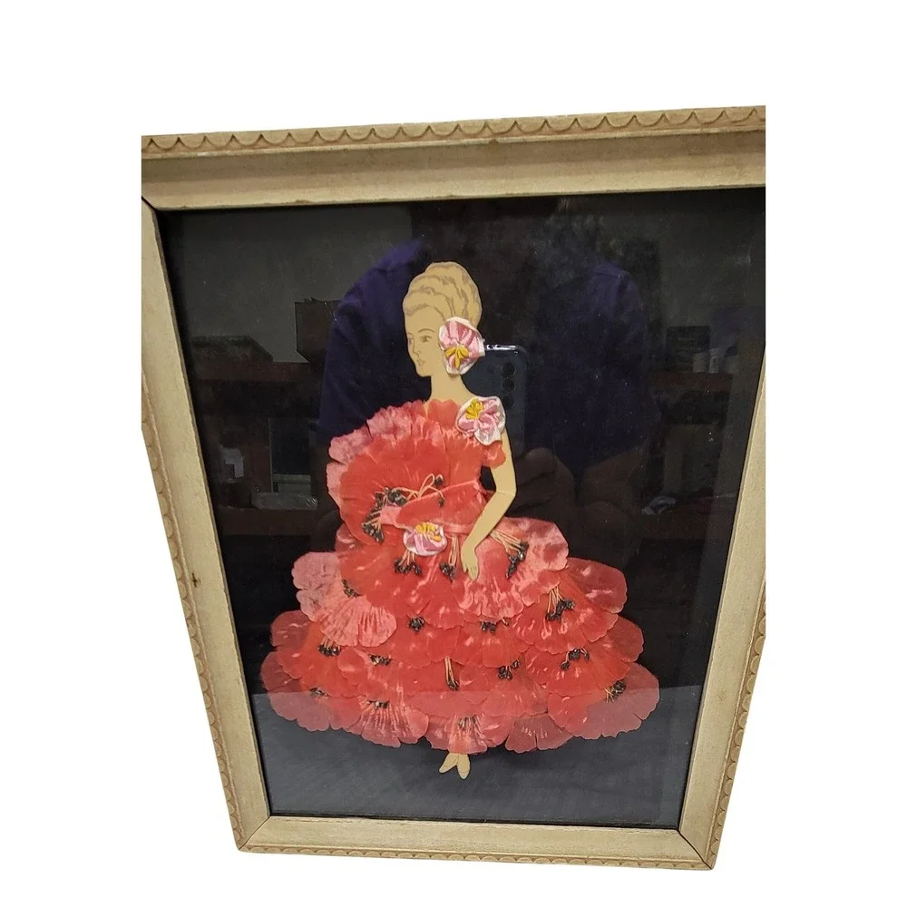 Vintage 3D Art Framed Woman Pink Red Silk Flower Dress Mid Century Decor